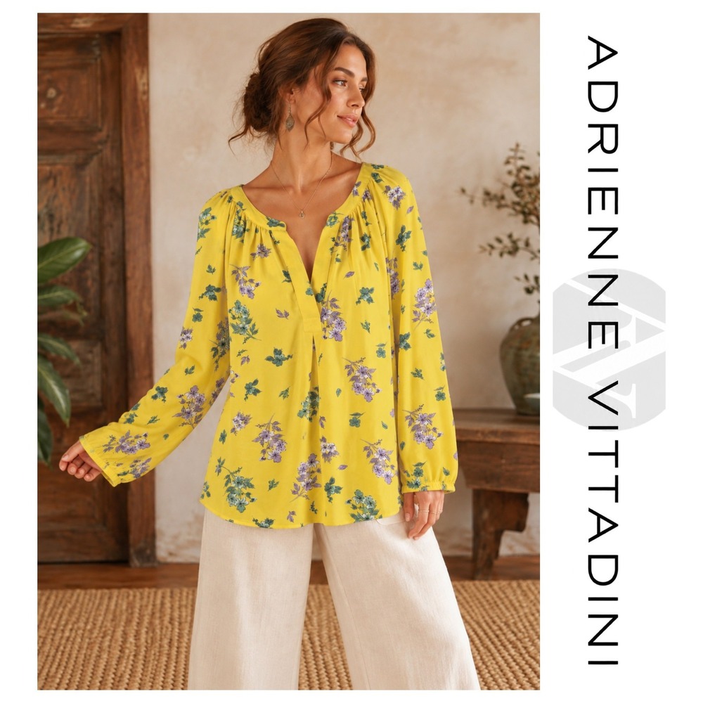 Adrienne Vittadini Yellow Floral V-Neck 3/4 Sleeve Tunic Top Blouse Size 2X
